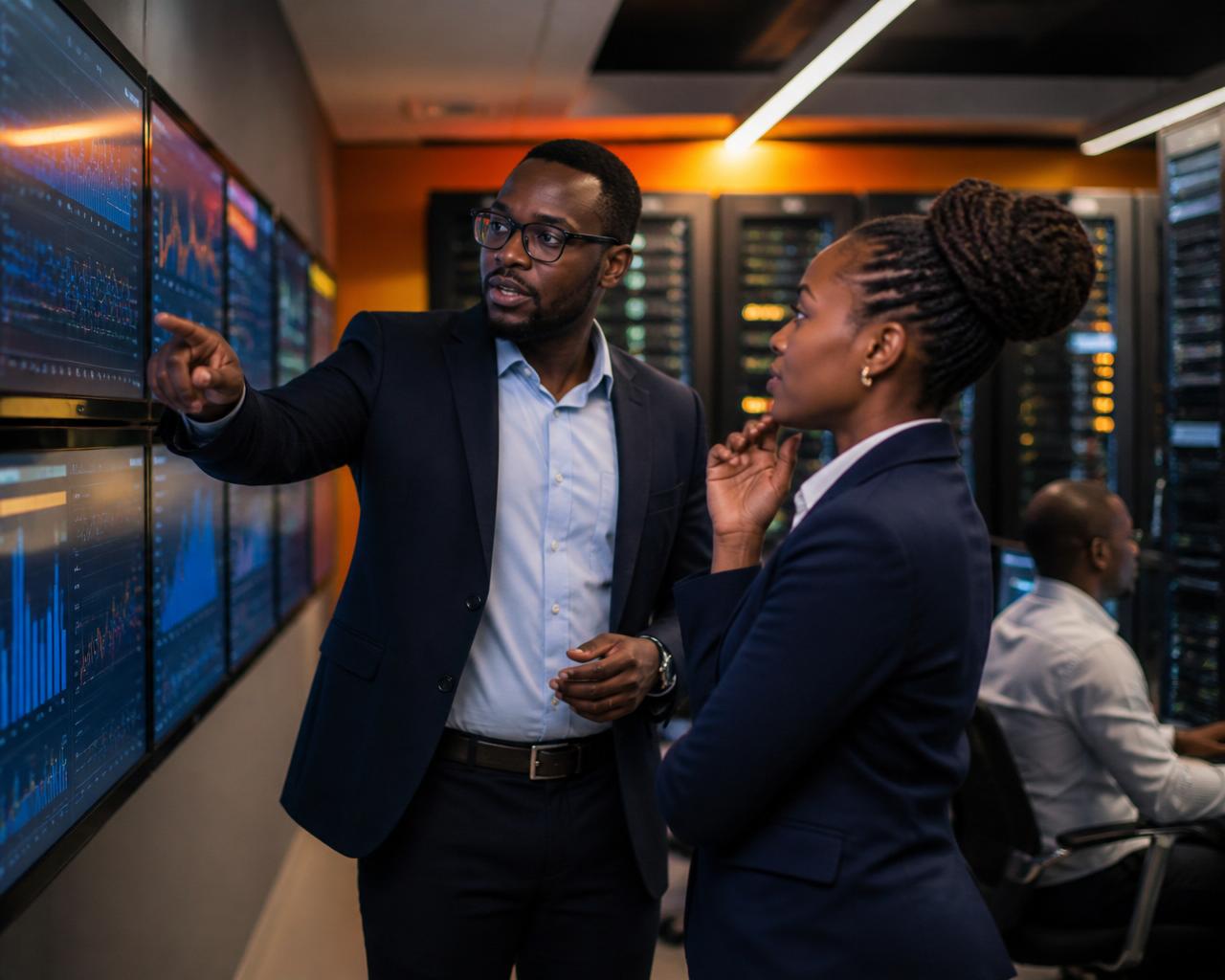 Enterprise technology team reviewing infrastructure dashboards